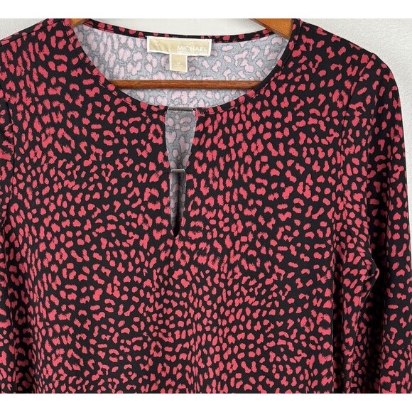 Michael Kors Shirt Womens M Black Red Leopard  Spot Long Sleeve Keyhole Stretch - Picture 1 of 8